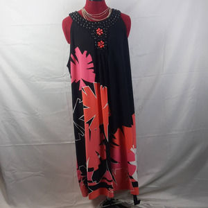 Sandra Darber Black Pink Coral White print and beaded sleeveless dress 18W